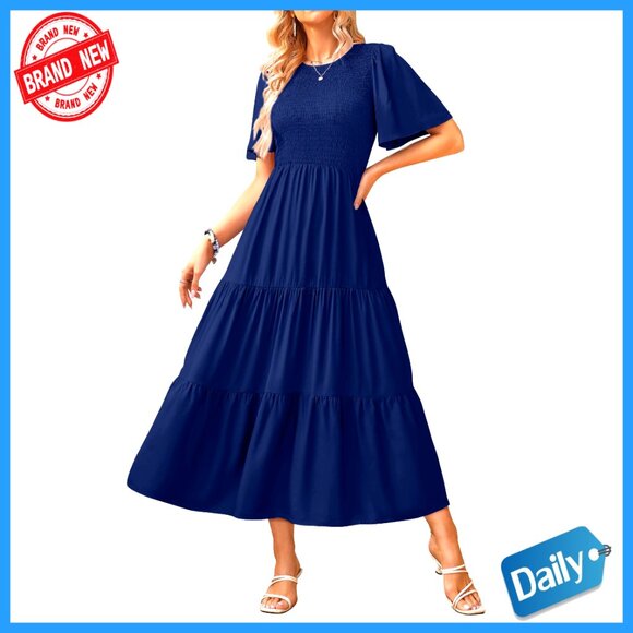Smocked Flowy Midi Dress with Flutter Sleeves Tiered Hem Lightweight Fabric